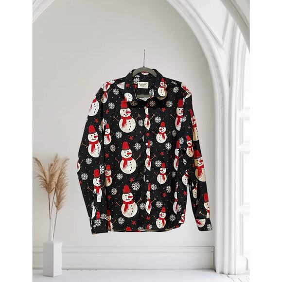 TUNEVUSE Mens Christmas Snowman Print Long Sleeve Button Down Large - Picture 1 of 5